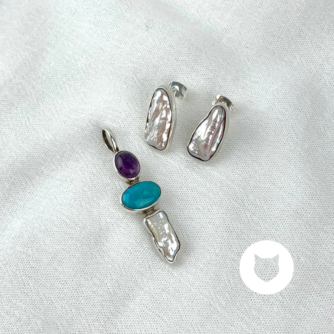 ?SET DE PLATA 925, PERLA BIGUA, TURQUESA Y AMATISTA SE0774M38