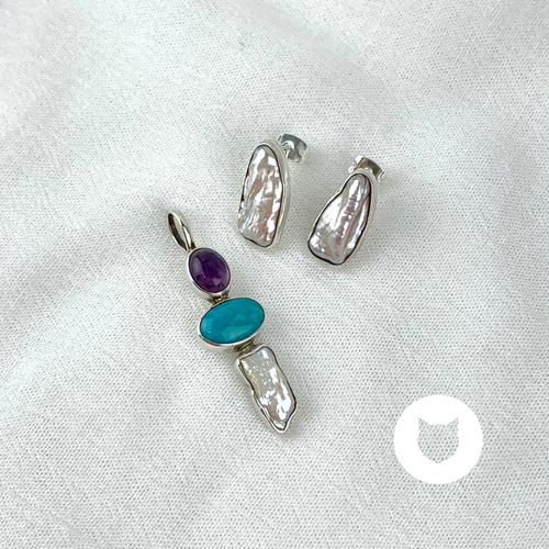 ?SET DE PLATA 925, PERLA BIGUA, TURQUESA Y AMATISTA SE0774M38