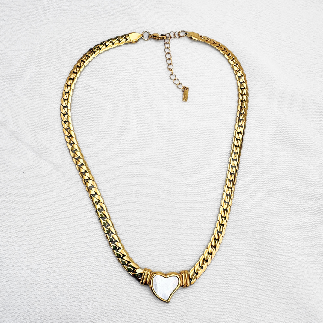 COLLAR DE CADENA TEJIDO ESPIGA TRENZADO CORAZÓN MADRE PERLA  EN ACERO CO1891G31
