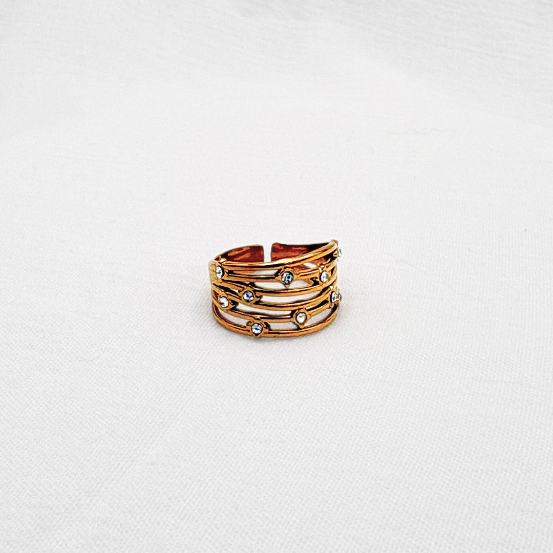 ANILLO AJUSTABLE DE BANDAS MULTINIVEL CON PUNTOS DE LUZ EN ACERO CON BAÑO DE ORO DE 18K  AN3891G30