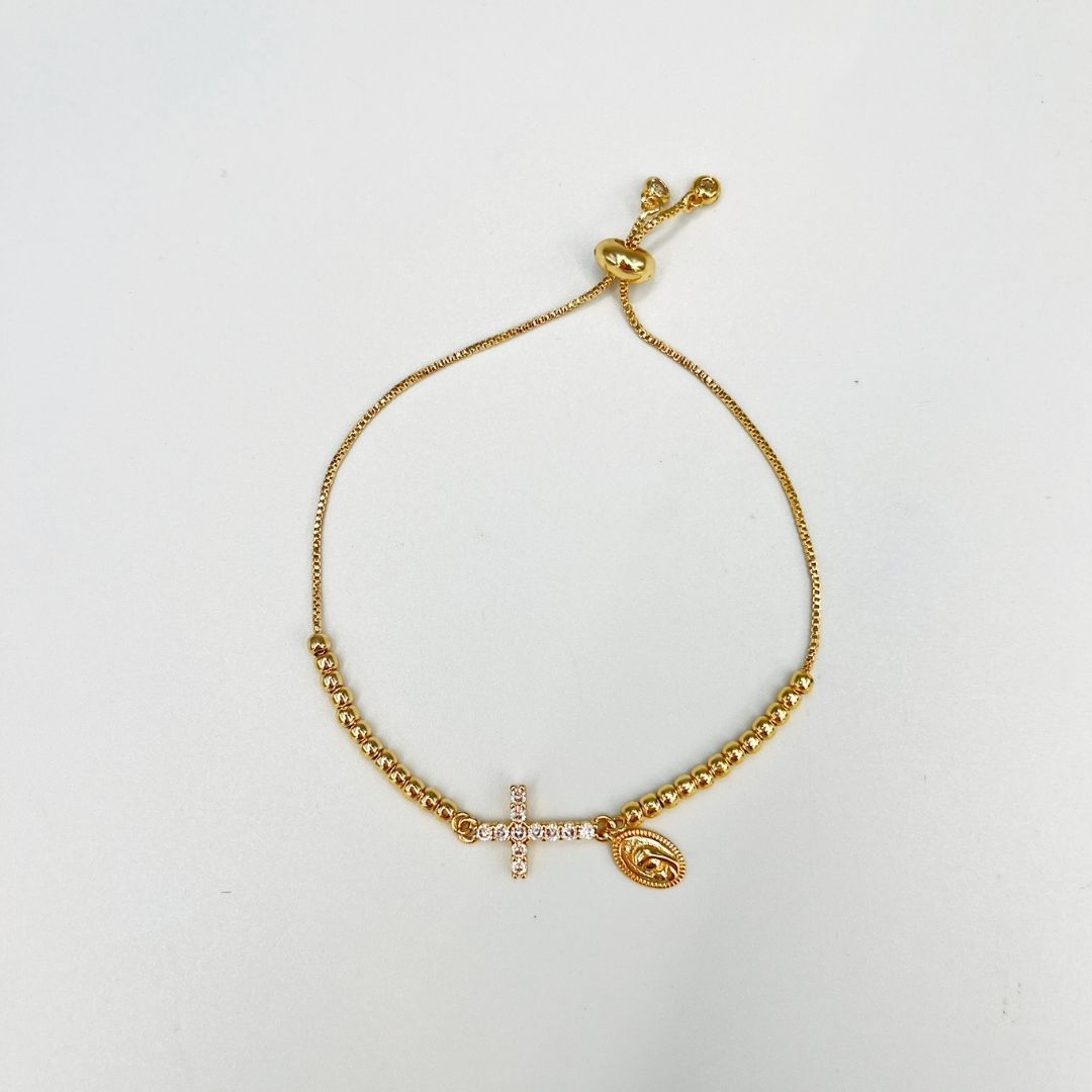 PULSERA CON CRUZ DE CIRCONES Y MEDALLA DE LA VIRGEN NIÑA BAÑO DE ORO PU2101G59