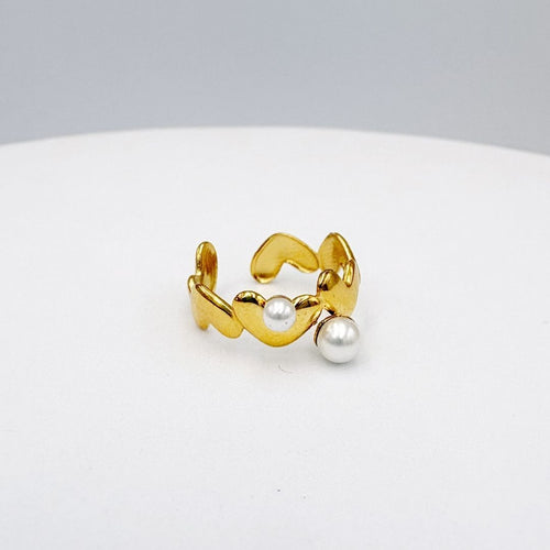 ANILLO DE CORAZONES ENLAZADOS CON PERLAS EN BAÑO DE ORO AJUSTABLE  AN3961G107