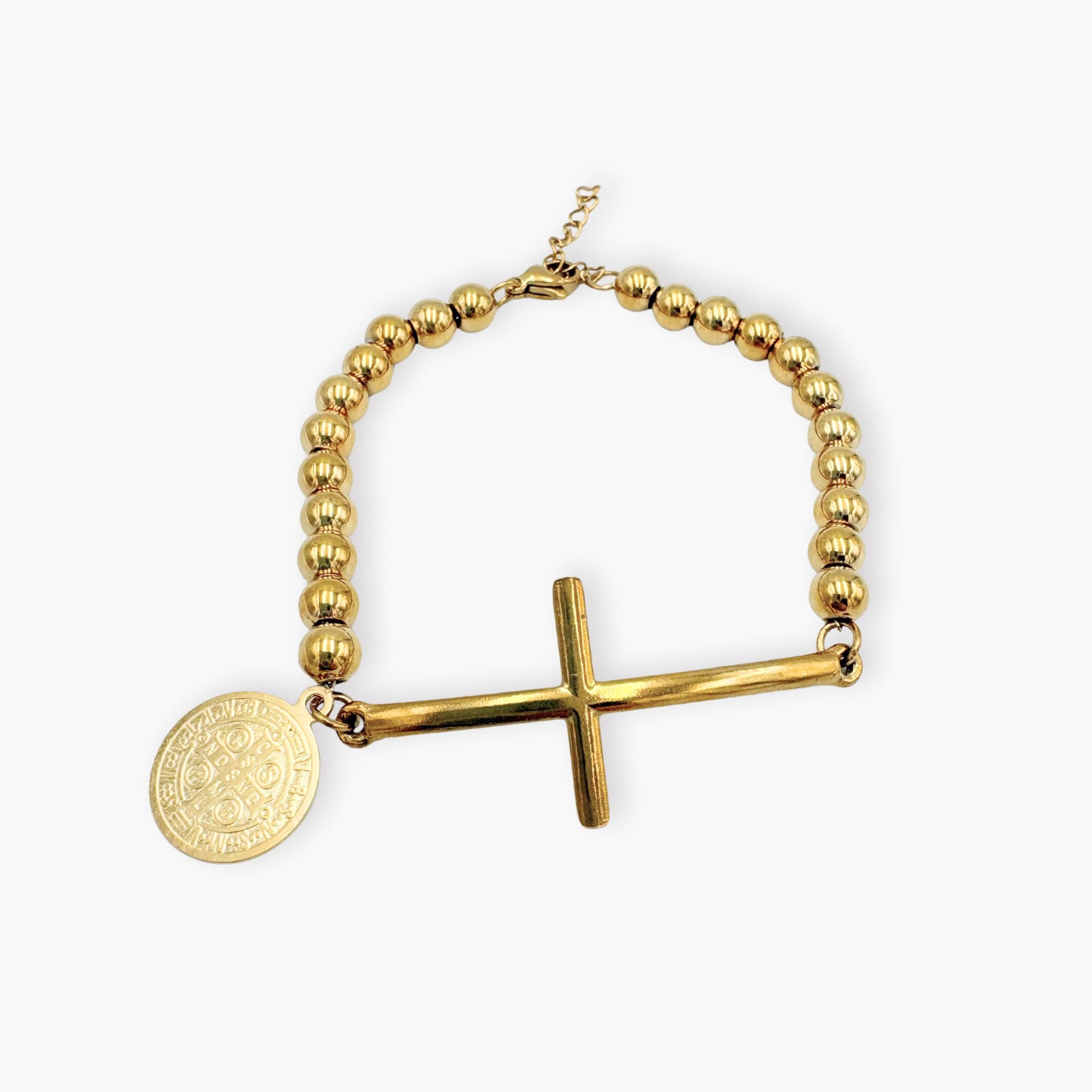 Pulsera de bolitas doradas con cruz y San Benito PU2151G59