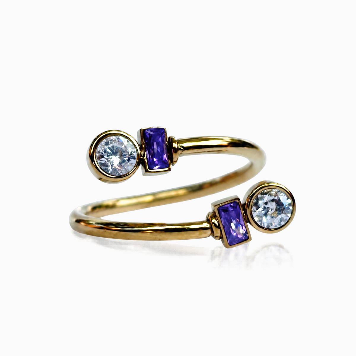 Anillo abierto en espiral con circonias cristalina y violeta en acero ajustable AN4043G47